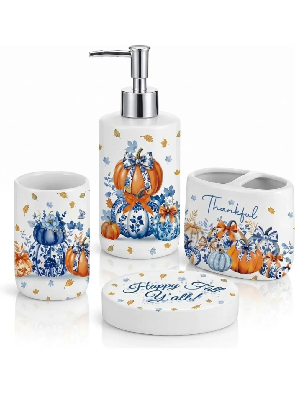 4-Piece Fall Ceramic Bathroom Set - Blue & White Pumpkin Decor, Soap Dispenser